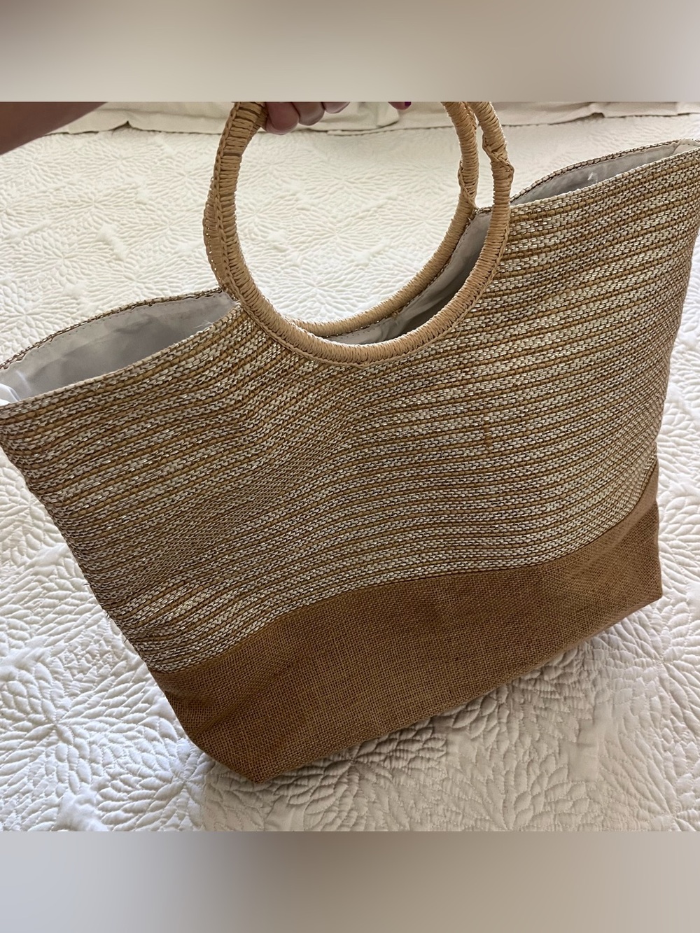 Neutral Woven Circle-Handle Tote Bag - Picture 2 of 13